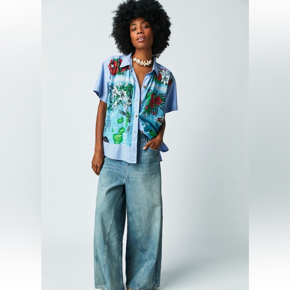 Free People Blue Floral Button-Up Top